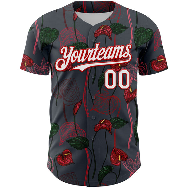 Custom Gray White-Red 3D Pattern Design Tropical Anthurium Flower Authentic Baseball Jersey alternate