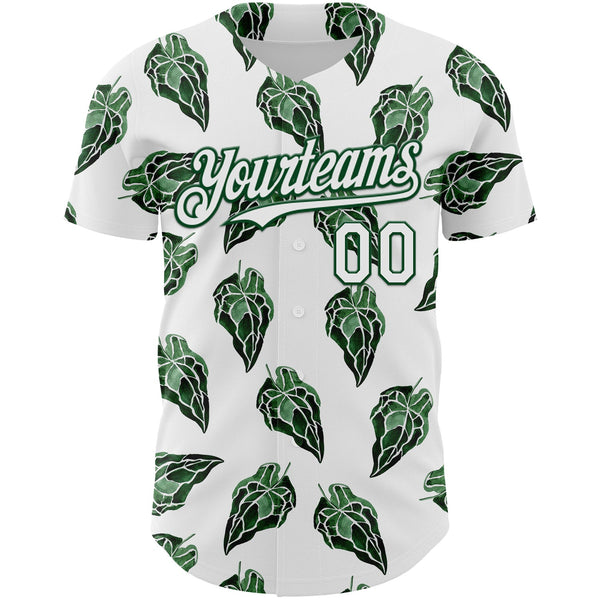 Custom White Kelly Green 3D Pattern Design Tropical Anthurium Crystal Authentic Baseball Jersey alternate