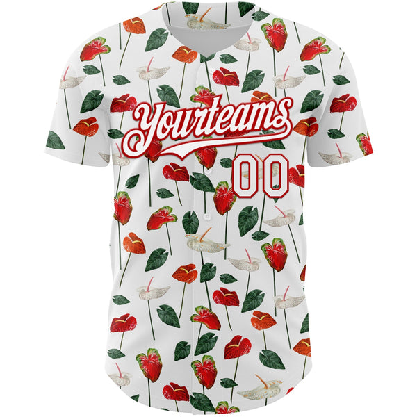 Custom White Red 3D Pattern Design Tropical Anthurium Flower Authentic Baseball Jersey alternate