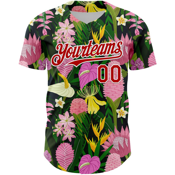 Custom Kelly Green Red-White 3D Pattern Design Tropical Anthurium Flower Authentic Baseball Jersey alternate