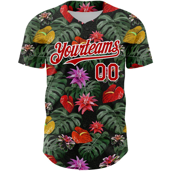 Custom Kelly Green Red-White 3D Pattern Design Tropical Anthurium Flower Authentic Baseball Jersey alternate