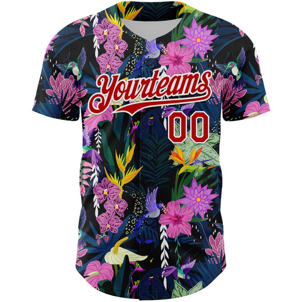 Custom Black Red-White 3D Pattern Design Tropical Anthurium Flower Authentic Baseball Jersey alternate