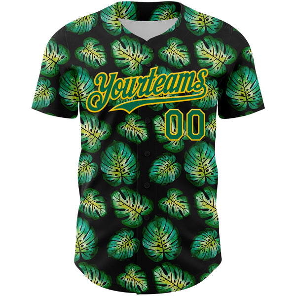 Custom Black Kelly Green-Gold 3D Pattern Design Tropical Monstera Authentic Baseball Jersey alternate