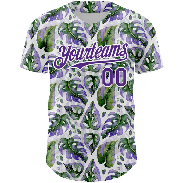 Custom White Purple 3D Pattern Design Tropical Monstera Authentic Baseball Jersey alternate
