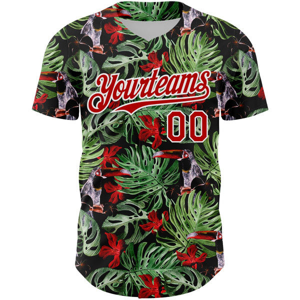 Custom Black Red-White 3D Pattern Design Tropical Plant And Bird Authentic Baseball Jersey alternate