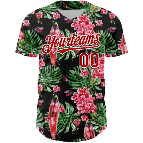 Custom Black Red-White 3D Pattern Design Tropical Plant And Bird Authentic Baseball Jersey alternate
