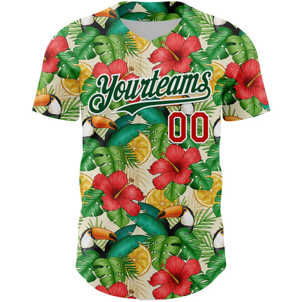 Custom White Red-Green 3D Pattern Design Tropical Plant And Bird Authentic Baseball Jersey alternate