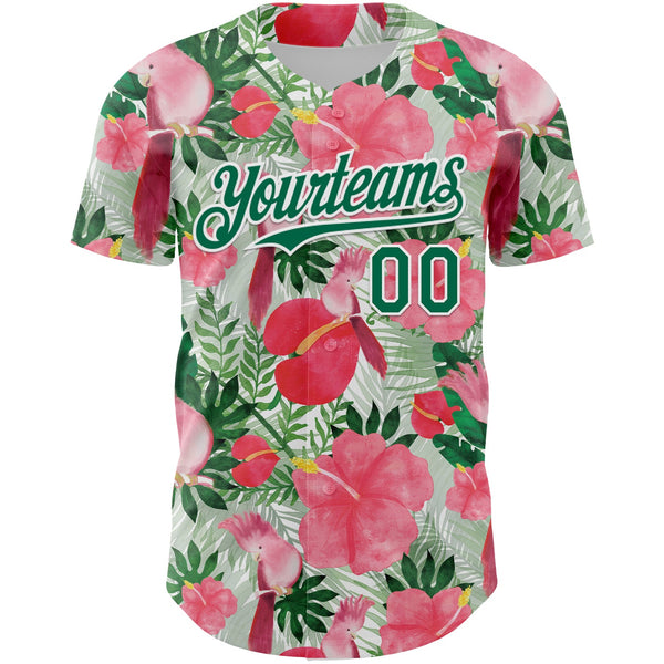 Custom White Kelly Green 3D Pattern Design Tropical Plant And Bird Authentic Baseball Jersey alternate