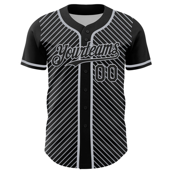Custom Black Gray 3D Pattern Design Diagonal Stripes Authentic Baseball Jersey alternate