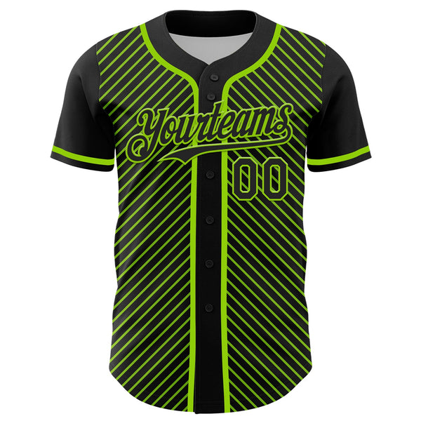 Custom Black Neon Green 3D Pattern Design Diagonal Stripes Authentic Baseball Jersey alternate