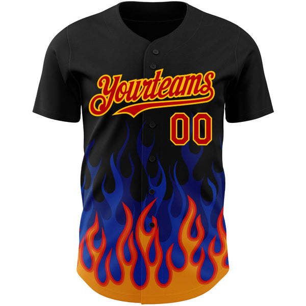 Custom Black Red-Gold 3D Pattern Design Flame Authentic Baseball Jersey alternate