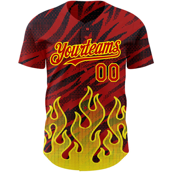 Custom Red Black-Light Yellow 3D Pattern Design Flame Authentic Baseball Jersey alternate