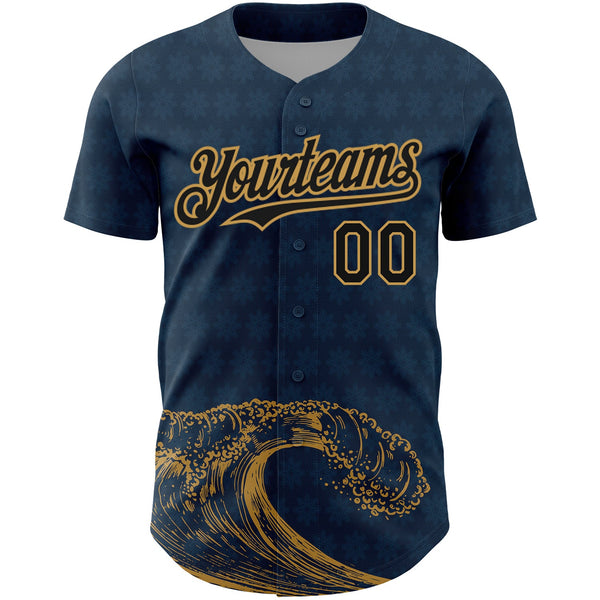 Custom US Navy Blue Black-Old Gold 3D Pattern Design Wave Authentic Baseball Jersey alternate