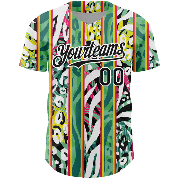 Custom Kelly Green Black-White 3D Pattern Design Animal Fur Print With Leaves Authentic Baseball Jersey alternate