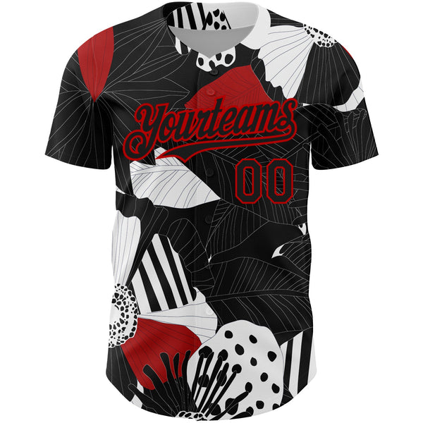 Custom Black Red-White 3D Pattern Design Flower Authentic Baseball Jersey alternate
