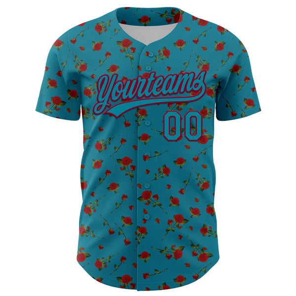 Custom Teal Maroon 3D Pattern Design Gothic Style Rose Authentic Baseball Jersey alternate