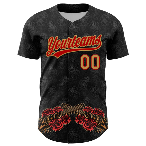 Custom Black Old Gold-Red 3D Pattern Design Gothic Style Gun With Rose Authentic Baseball Jersey alternate