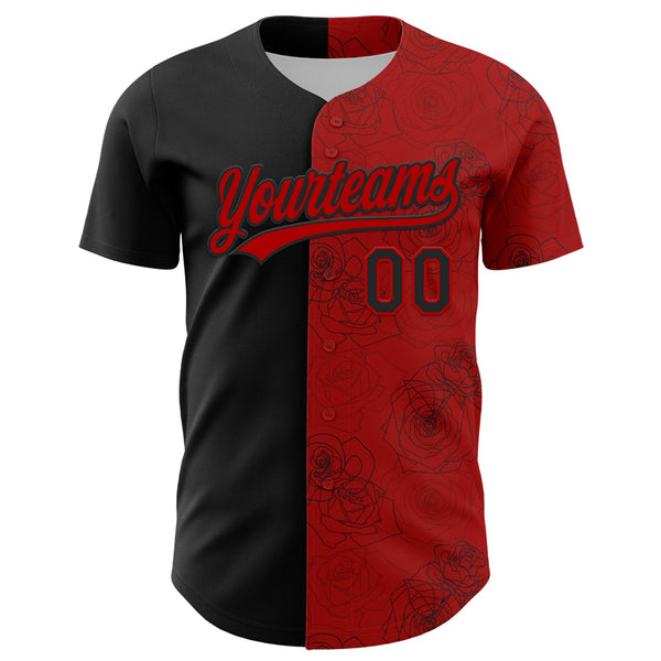 Custom Red Black 3D Pattern Design Gothic Style Rose Authentic Baseball Jersey alternate
