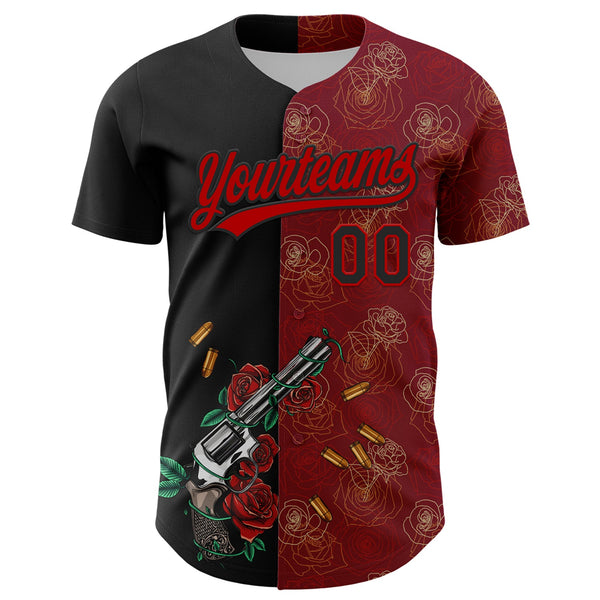 Custom Crimson Black-Red 3D Pattern Design Gothic Style Gun With Rose Authentic Baseball Jersey alternate