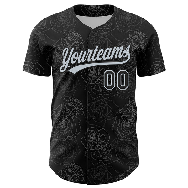 Custom Black Silver 3D Pattern Design Gothic Style Rose Authentic Baseball Jersey alternate