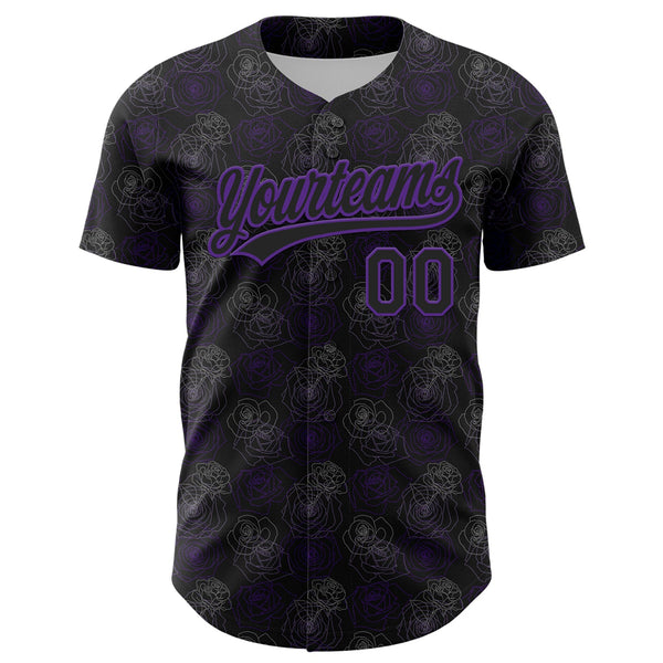 Custom Black Purple 3D Pattern Design Gothic Style Rose Authentic Baseball Jersey alternate