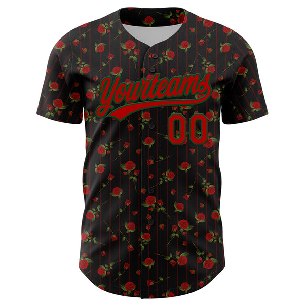Custom Black Red-Green 3D Pattern Design Gothic Style Rose Authentic Baseball Jersey alternate