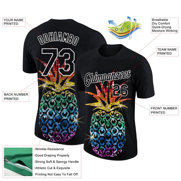 Custom Black White 3D Pattern Design Hawaii Style Glitter Pineapple Performance T-Shirt alternate