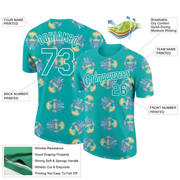 Custom Aqua White 3D Pattern Design Hawaii Style Pineapple Performance T-Shirt alternate