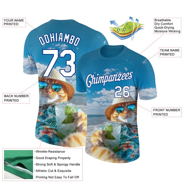 Custom Royal White 3D Pattern Design Hawaii Style A Cat Sunbathes On The Beach Performance T-Shirt alternate