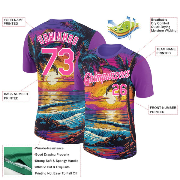 Custom Purple Pink-White 3D Pattern Design Hawaii Palm Trees On Beach Performance T-Shirt alternate