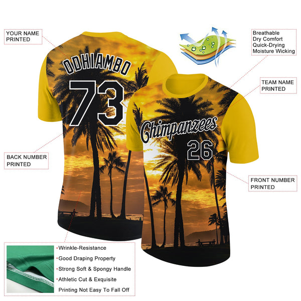 Custom Gold Black-White 3D Pattern Design Hawaii Palm Trees Performance T-Shirt alternate
