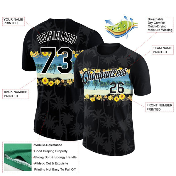 Custom Black White 3D Pattern Design Hawaii Palm Trees On Beach Performance T-Shirt alternate