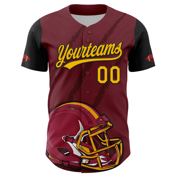 Custom Crimson Gold-Black 3D Pattern Design Football Helmet And Animal Claw Authentic Baseball Jersey alternate