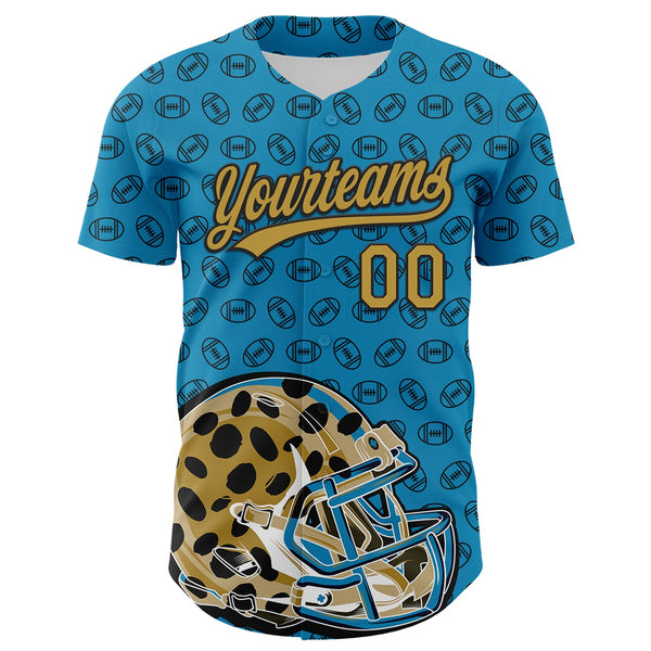 Custom Panther Blue Old Gold-Black 3D Pattern Design Football Jaguar Helmet And Ball Authentic Baseball Jersey alternate