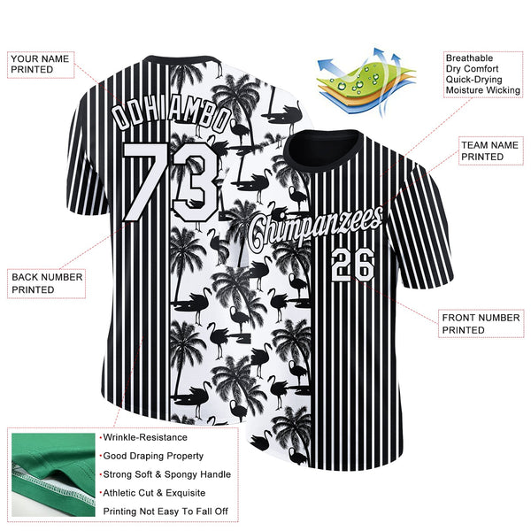 Custom Black White 3D Tropical Hawaii Palm Tree And Animal Flamingo Performance T-Shirt alternate