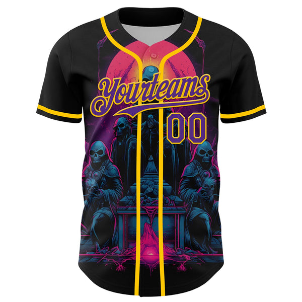 Custom Black Purple-Yellow 3D Pattern Design Rave Skull Authentic Baseball Jersey alternate