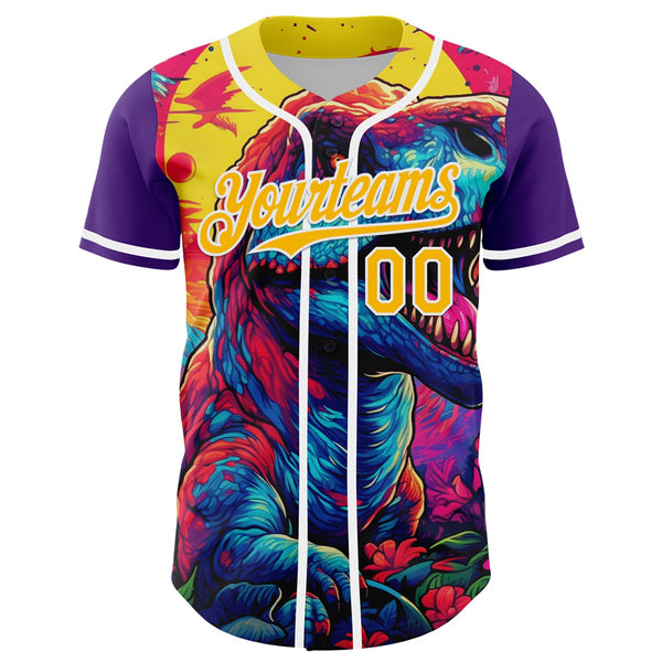 Custom Purple Gold-White 3D Pattern Design Rave T Rex Authentic Baseball Jersey alternate