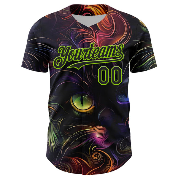 Custom Black Neon Green 3D Pattern Design Rave Animal Cat Authentic Baseball Jersey alternate