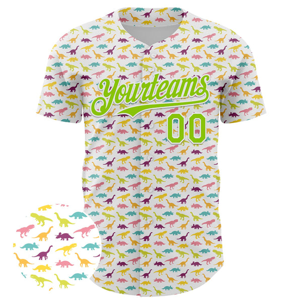 Custom White Neon Green 3D Pattern Design Animal Dinosaur Authentic Baseball Jersey alternate