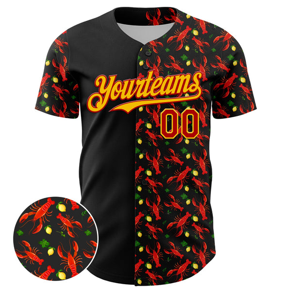 Custom Black Red-Yellow 3D Pattern Design Animal Lobster Fruit Lemon Authentic Baseball Jersey alternate