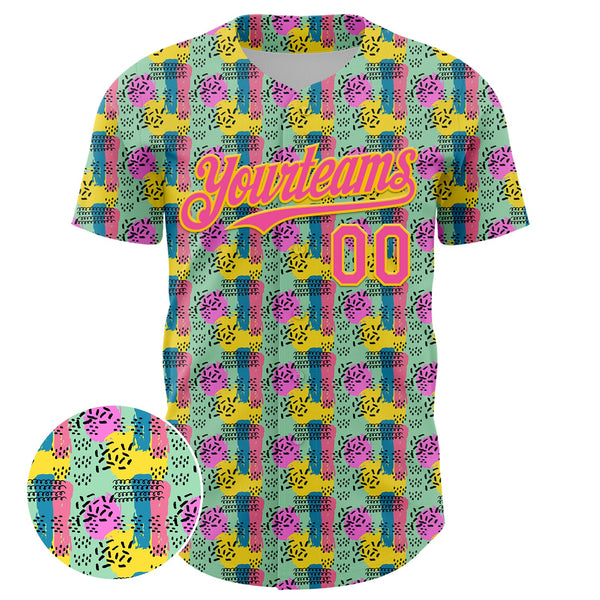 Custom Green Pink-Yellow 3D Pattern Design Color Brush Blocks Authentic Baseball Jersey alternate