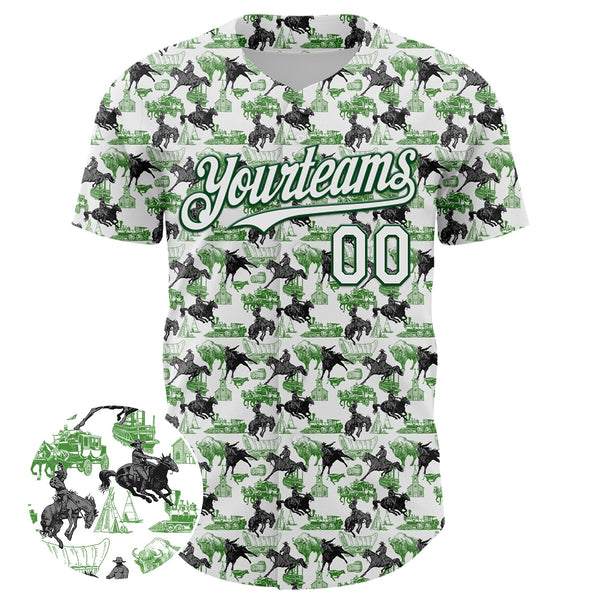 Custom White Green 3D Pattern Design Rodeo Cowboy Authentic Baseball Jersey alternate