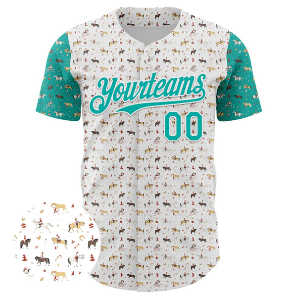 Custom White Aqua 3D Pattern Design Rodeo Cowboy Authentic Baseball Jersey alternate