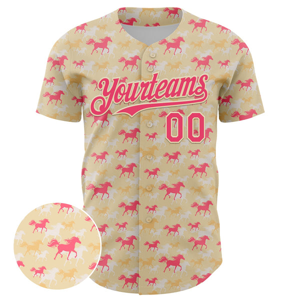 Custom Cream Neon Pink 3D Pattern Design Animal Horse Authentic Baseball Jersey alternate