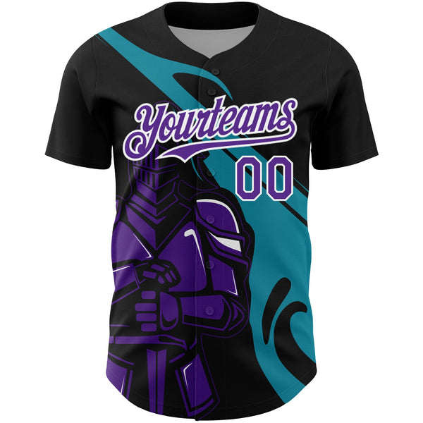 Custom Black Purple-Teal 3D Pattern Design Knight Hero Art Authentic Baseball Jersey alternate