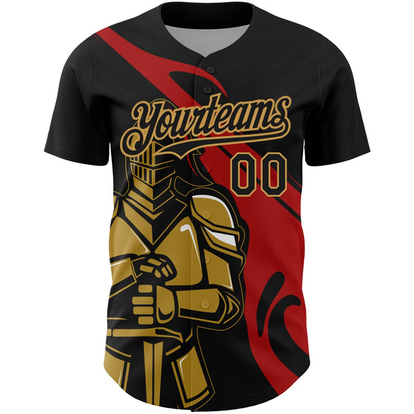Custom Black Red-Old Gold 3D Pattern Design Knight Hero Art Authentic Baseball Jersey alternate