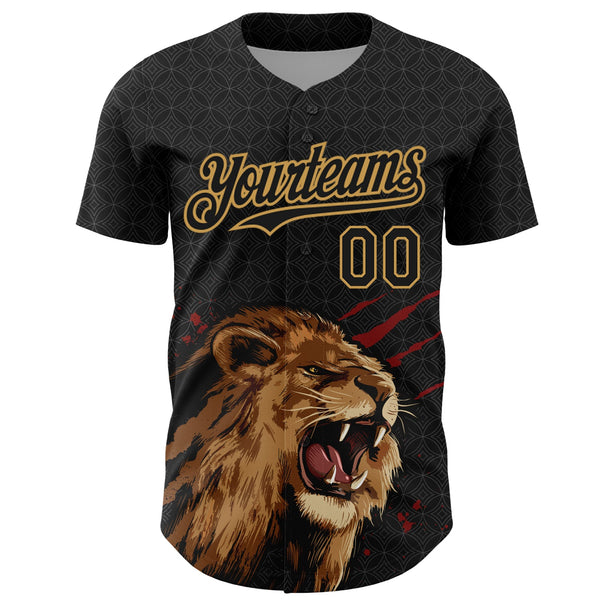 Custom Black Old Gold 3D Pattern Design Animal Lion Authentic Baseball Jersey alternate