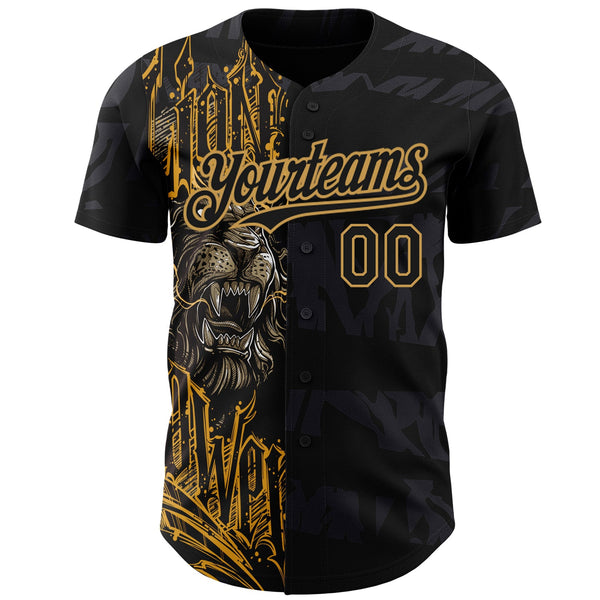 Custom Black Old Gold 3D Pattern Design Animal Lion Authentic Baseball Jersey alternate