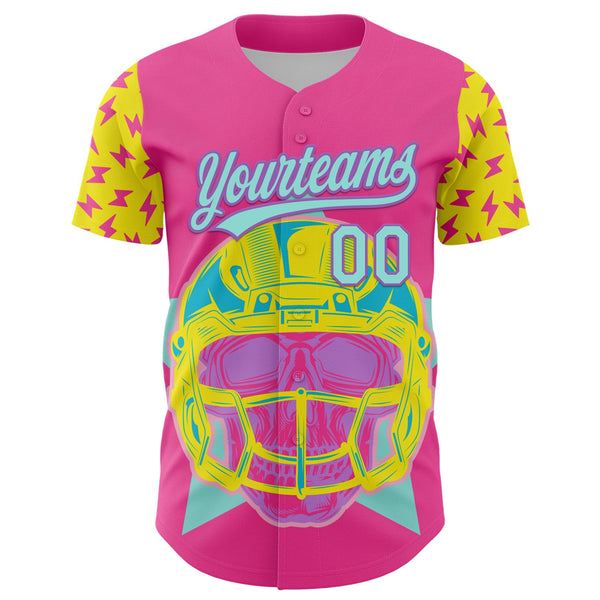 Custom Pink Ice Blue Medium Purple-Light Yellow 3D Pattern Design Football Skull Helmet Authentic Baseball Jersey alternate