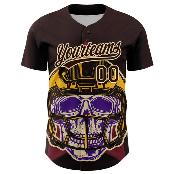 Custom Brown Cream 3D Pattern Design Football Skull Helmet Authentic Baseball Jersey alternate